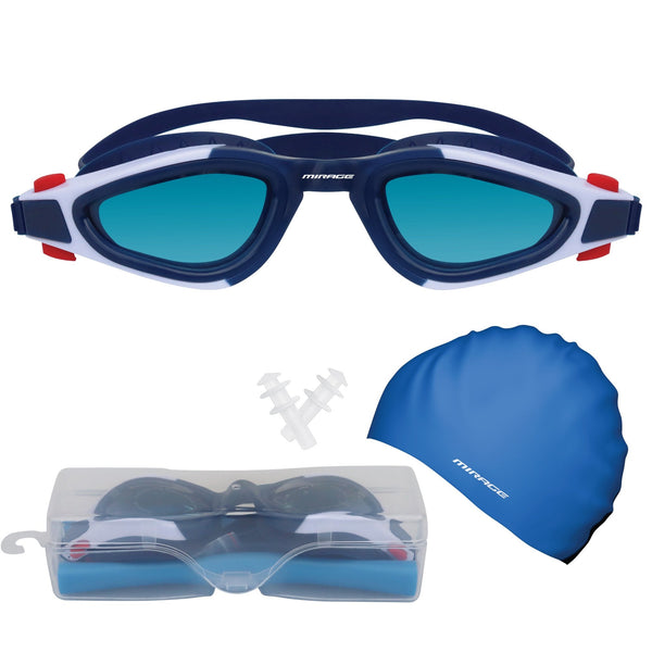 Mirage Adult Swim Pack with Goggles, Cap, Earplugs and Hard Case (Blue)