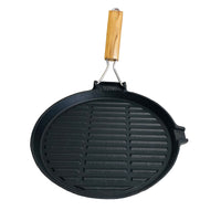 Pre-Seasoned 24cm Shallow Cast Iron Frying Pan Griddle with Wooden Handle